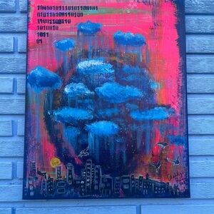 Abstract Cityscape Art with Blue and Pink Accents